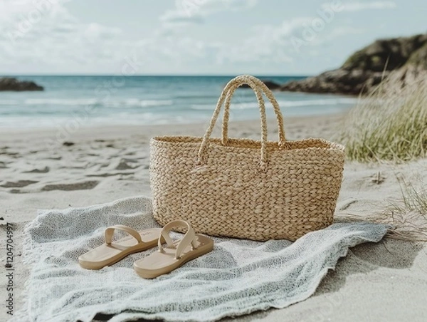 Fototapeta A straw tote bag and sandals on a white blanket placed on a sandy beach creating a relaxed and stylish summer scene with a natural and minimalist aesthetic.