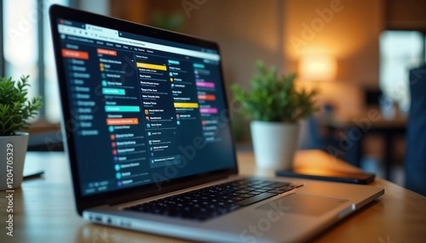 Fototapeta Laptop screen displays digital Kanban board for software project management. Workflow stages visible. Project task progress tracked. Lean principles applied. Business planning, productivity key