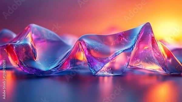 Fototapeta Abstract colorful glass wave forms on reflective surface.