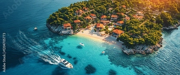 Fototapeta Aerial view of a yacht approaching a secluded island paradise with a pristine beach and charming villas.