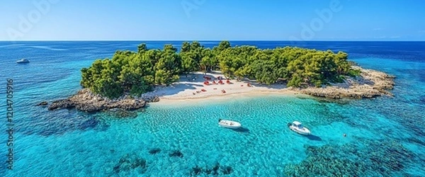 Fototapeta Secluded island paradise with pristine beach, turquoise water, and lush greenery.