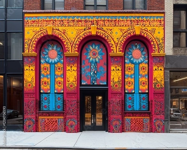 Fototapeta Vibrant colorful building facade with ornate arches and floral designs.