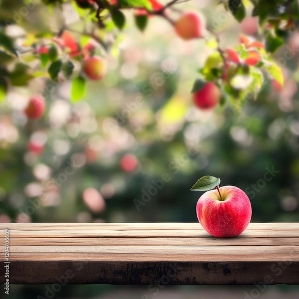 Fototapeta Red apple on wooden table in front of apple tree with blurred background