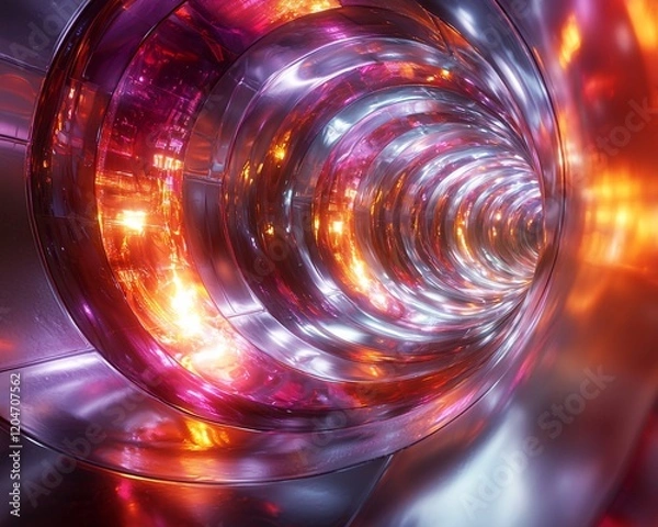 Fototapeta Abstract metallic tunnel with vibrant lights.