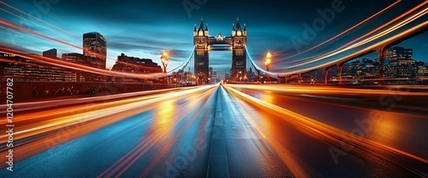 Fototapeta Night cityscape with light trails on a bridge towards Tower Bridge.
