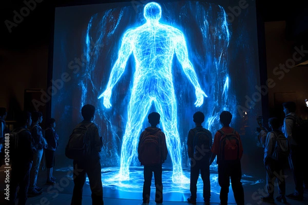 Fototapeta teacher explaining radiant holographic concepts to virtual students