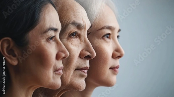 Fototapeta Three women of different ages in profile view, showcasing the natural aging process.