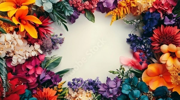 Fototapeta Colorful flower frame, white background, vibrant floral arrangement, design element, greeting card