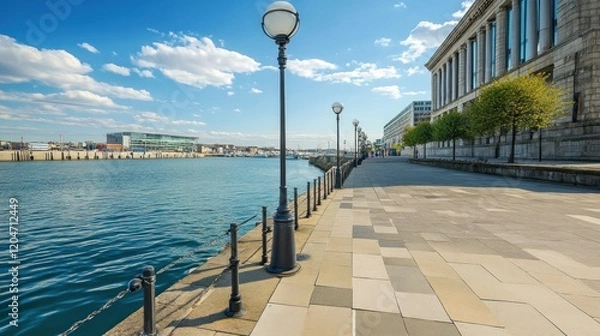 Fototapeta Sunny waterfront promenade with modern architecture and lampposts.