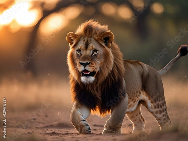 Fototapeta Majestic lion walking confidently through a golden savanna at sunrise, with glowing bokeh and dust particles in the air, capturing the beauty of wildlife and nature