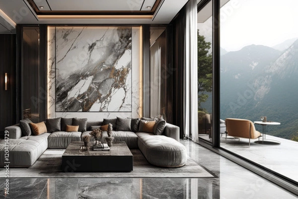 Fototapeta Luxurious living room with grey sectional couch, marble wall, and mountain view through large windows