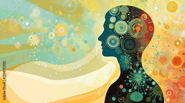 Fototapeta Abstract illustration of a person's head and body filled with colorful circles and patterns, representing mind and body connection.
