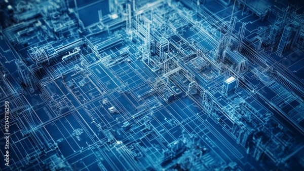 Fototapeta industrial blueprint showing the layout of a factory floor,