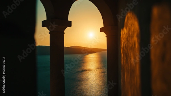 Fototapeta Oia village in Santorini during sunset, with the sky ,