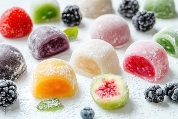 Fototapeta Classic Japanese sweet mochi Vibrant mochi ice cream on a white surface whole and sliced with berry and fruit filling