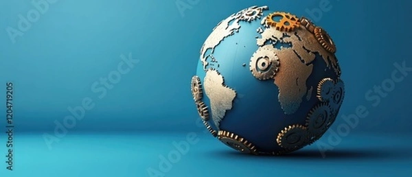 Fototapeta Global Interconnectedness Gears and World Map