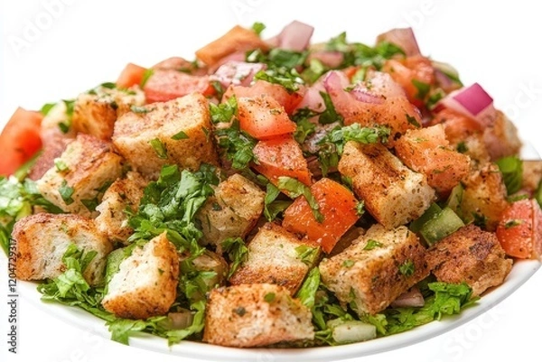 Fototapeta High resolution image of a fattoush dish set against a white background with blurred edges