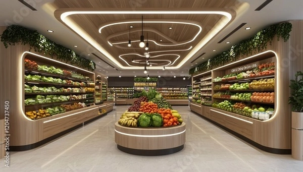 Obraz Minimal 3D organic grocery with eco-friendly design and ceiling lights.