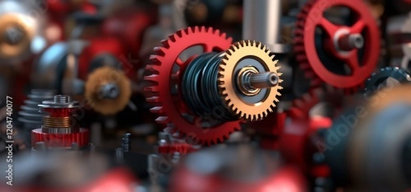 Fototapeta Red gears meshing, complex machinery background, industrial engineering