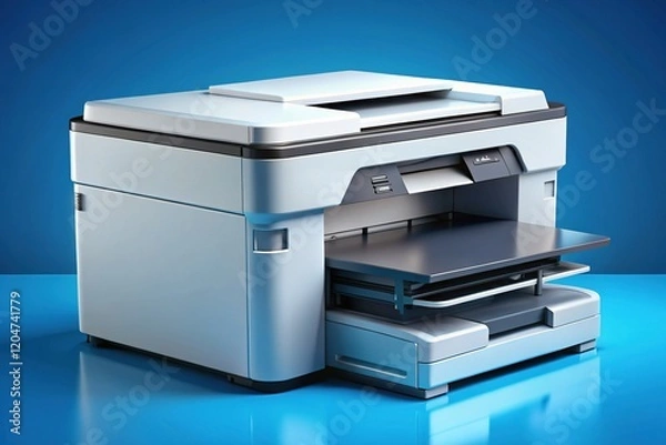 Fototapeta Monochrome Illustration: Multifunction Printer - Printing, Scanning, Copying