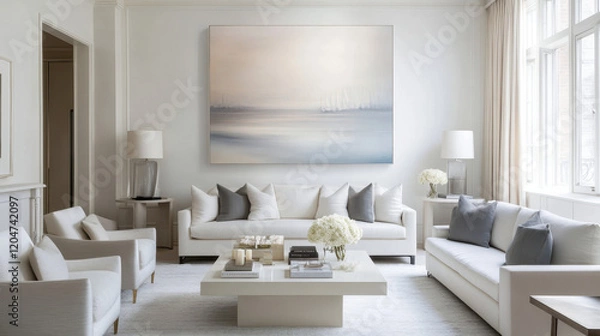 Obraz Serene Living Room with Abstract Art: A calming and sophisticated living room features a large abstract landscape painting as a focal point, complemented by a neutral color palette, plush sofas.