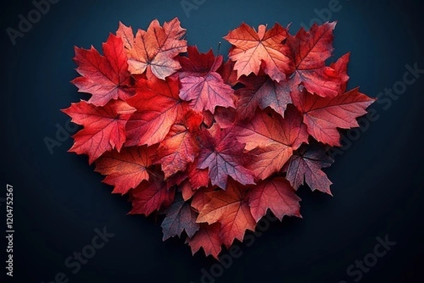 Fototapeta Autumn leaves arranged in a heart shape against a dark background.