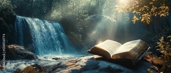 Fototapeta Open book by waterfall, forest background, serenity. Spiritual concept