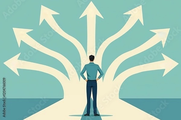 Fototapeta A vector illustration of a professional standing at a forked road with various directional arrows, representing difficult decision-making moments.