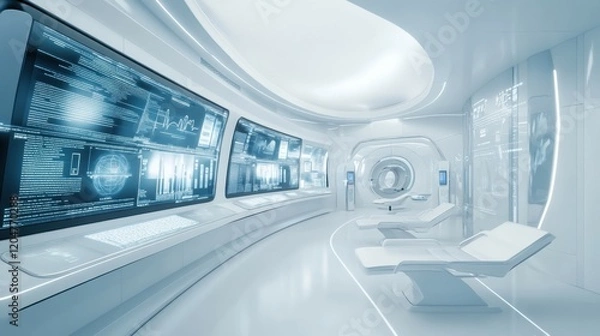 Fototapeta High-tech sci-fi medical facility futuristic interior design in wide angle view