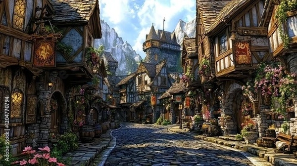 Fototapeta A detailed fantasy medieval street with timber-framed houses, stone pathways, colorful banners, and blooming flowers, set against a backdrop of towering mountains. Ideal for fantasy art, storytelling