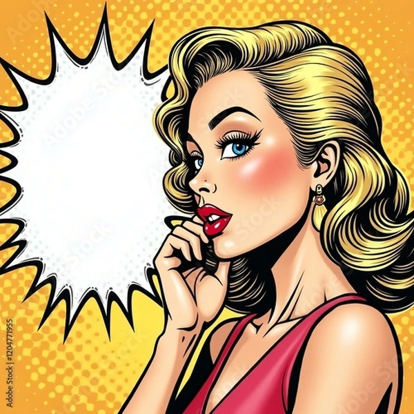 Fototapeta A chic blonde woman in pop art style whispering with burst-shaped speech bubble blank space for text