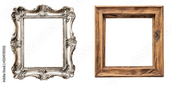 Fototapeta Elegant Silver Rustic Wooden Picture Frames Empty Mockup Design Art Gallery Home Decor Vintage on transparent background