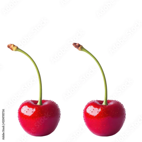 Fototapeta Two sweet red cherries with green stems and leaves, isolated on a white background