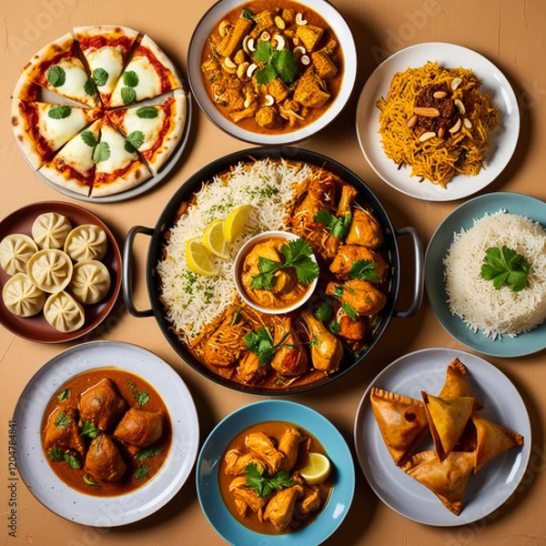 Fototapeta Variety of Indian food, different dishes and snacks on white rustic background. Pilaf, butter chicken curry, rice, palak paneer, chicken tikka, dal soup,