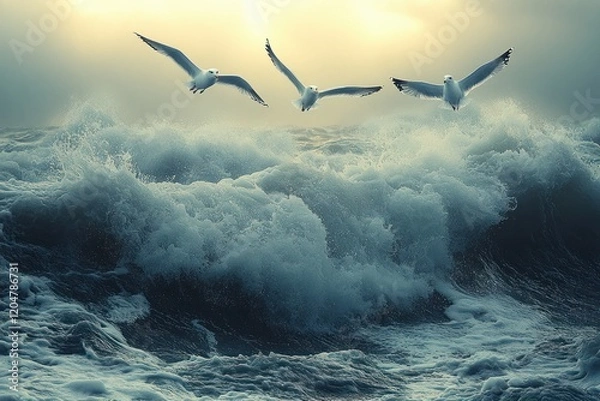 Fototapeta Seagulls Soaring Above Turbulent Waves on a Cloudy Northern Coast with Ambient Light