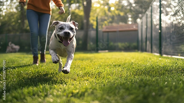 Fototapeta A person playing fetch with a dog in the backyard.