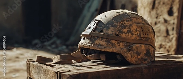 Fototapeta Worn helmet rests on crate, warzone background, military history image