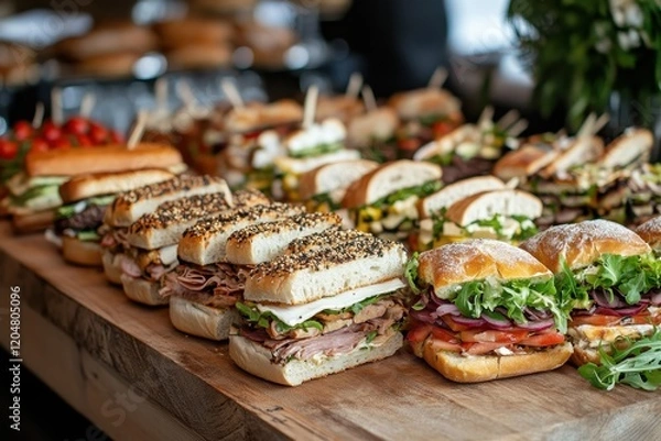 Fototapeta Variety of sandwiches on a wooden board for catering and buffet