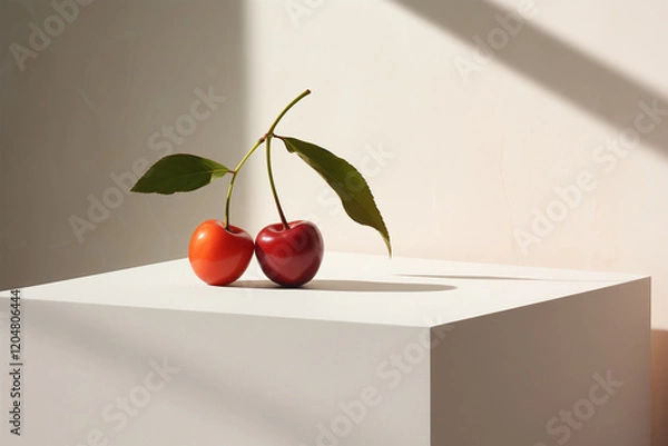 Obraz Minimalist Twin Cherries on White Podium, Neutral Background, Natural Light and Shadow. Food Photography.