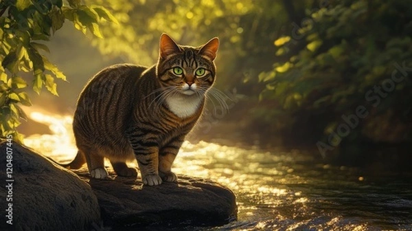 Obraz A tabby cat with striking green eyes stands on a large rock by a serene riverbank