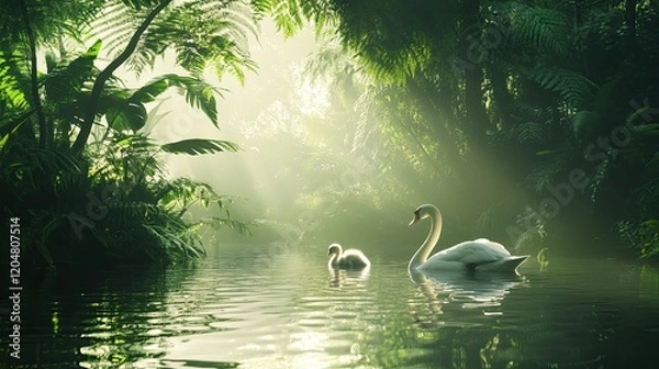Obraz A serene scene of a white swan swimming on a calm body of water with two fluffy cygnets