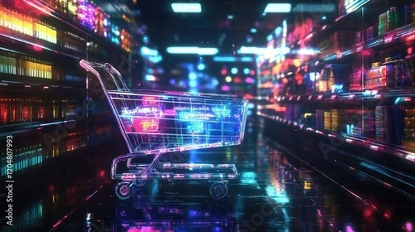 Obraz A digital, futuristic shopping cart set against a vibrant