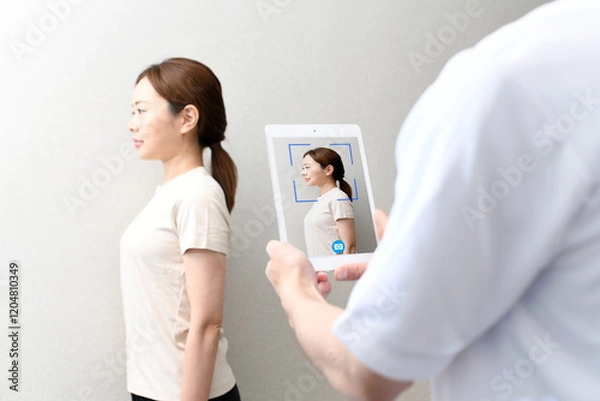 Obraz タブレット端末で女性患者を撮影する整体師
