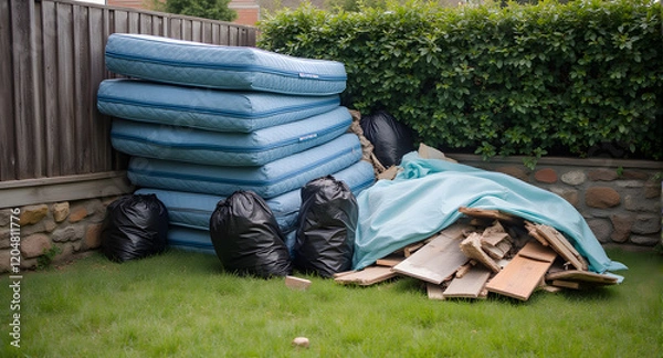 Fototapeta Stack of Mattresses and Debris for Disposal