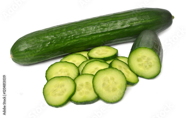 Obraz Cucumber whole and cut rings isolated on white background