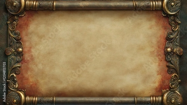 Fototapeta Ornate metal frame, parchment background, vintage design, studio shot, invitation template