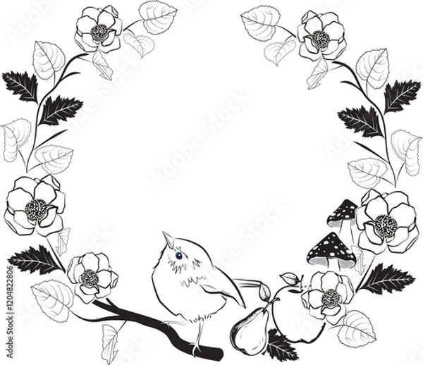 Fototapeta bird and flowers in circular frame