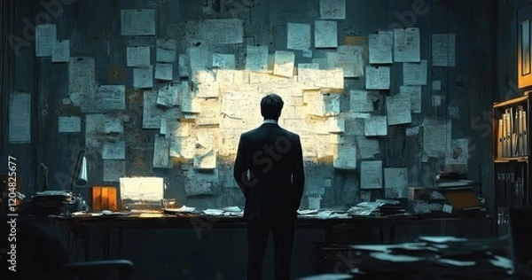 Fototapeta Noir Office Scene Detective Examines Chaos with Forensics Team Investigating Evidence and Clues of Robbery
