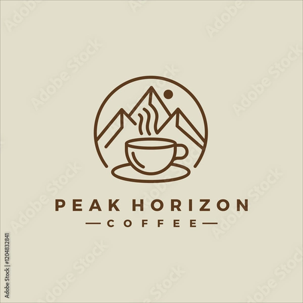 Fototapeta a minimalist line art logo of a mountain range paired with a steaming coffee cup. The design symbolizes adventure, warmth, and the energizing spirit of coffee.