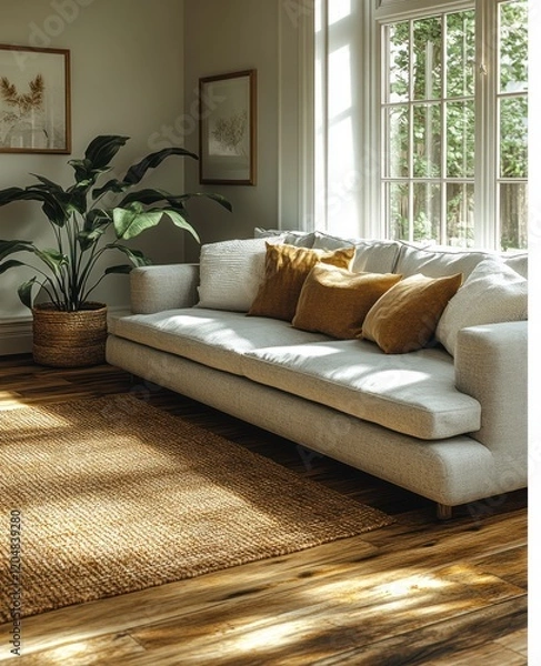 Fototapeta Cozy Living Room Scene with Gray Couch and Soft Pillows in Mid-Century Modern Style